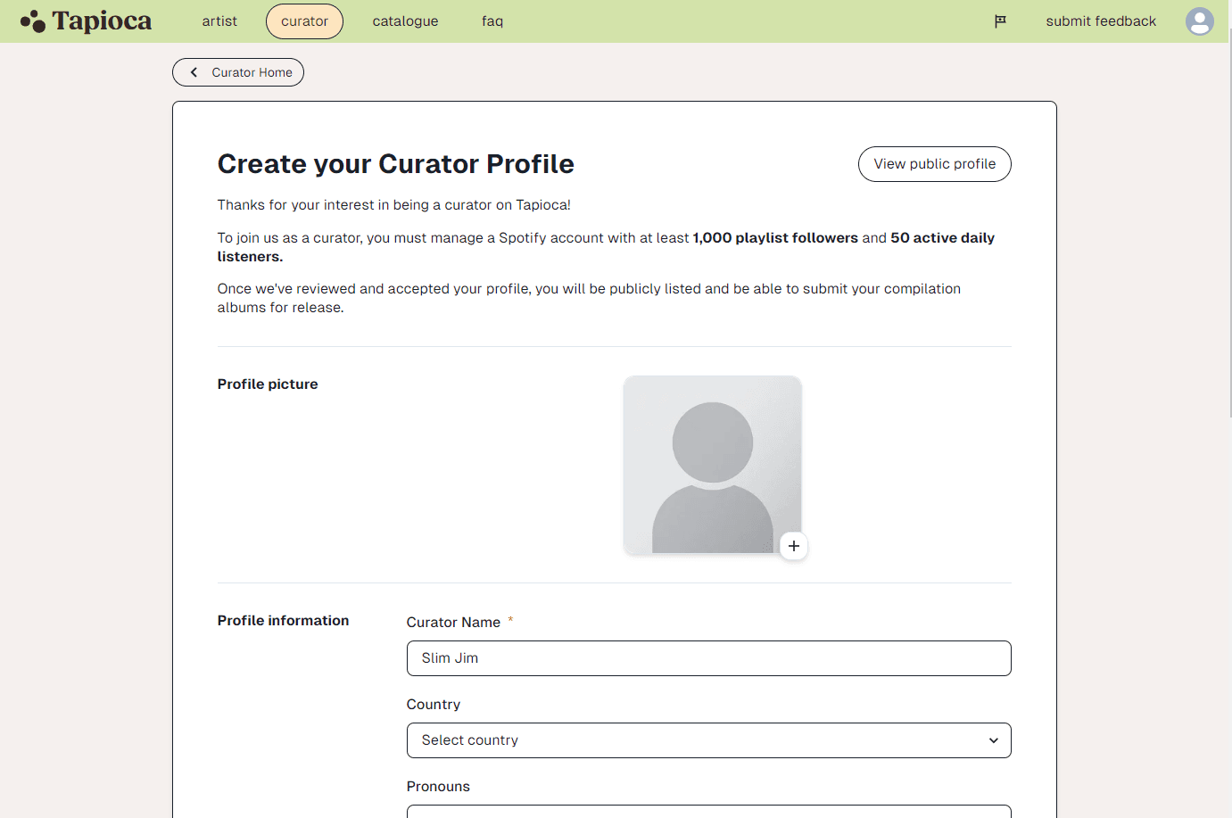 Curator profile interface